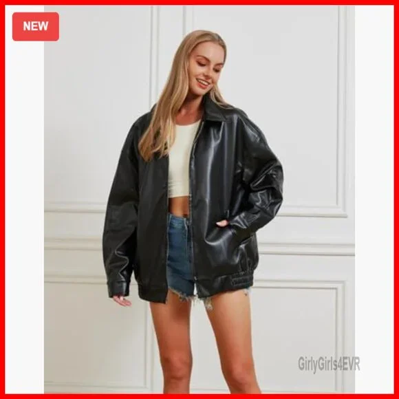 Oversized Faux Leather Jacket Women's Motorcycle Coat Fall Winter
